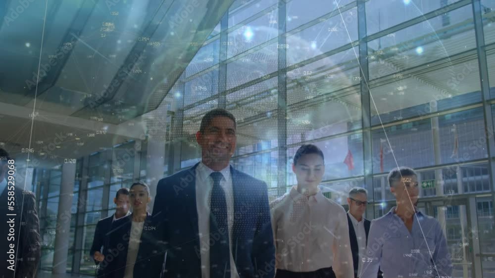 Poster animation of globe with connections and data processing over diverse business people in office