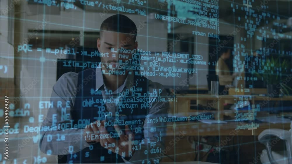 Poster animation of data processing over biracial businessman using digital tablet at office