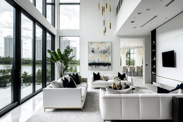 April 2020 in South Florida A large, open living space with sweeping views of the city and water. White, airy, and minimalist with floor to ceiling glass windows. Generative AI