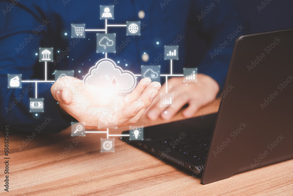 Poster Businessman working at cloud data icon, cloud computing diagram show on hand. Cloud technology. Data storage. Networking and internet service concept.