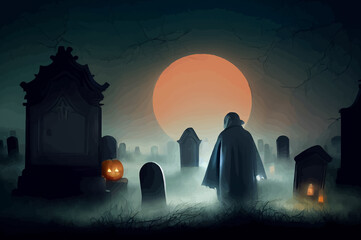 cemetery on halloween night with evil pumpkins, bats and in the background a haunted castle and the full moon. banner