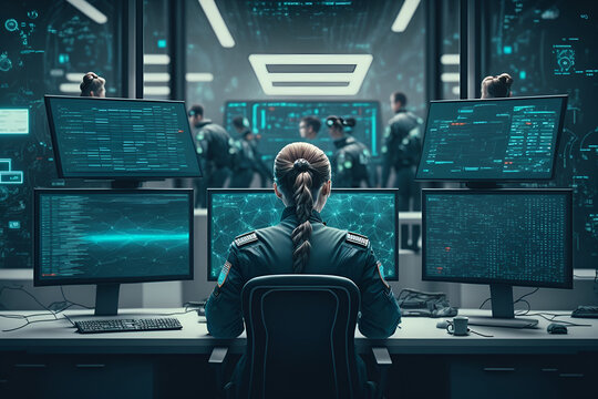 Control room, back view of a female software developer, hacker, dark hair, outfit, blue theme, multiple computer screens, writing code, Generative AI