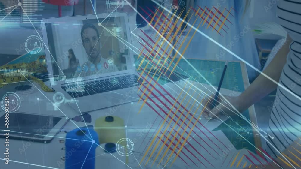 Poster animation of shapes moving and data processing over caucasian business people having video call