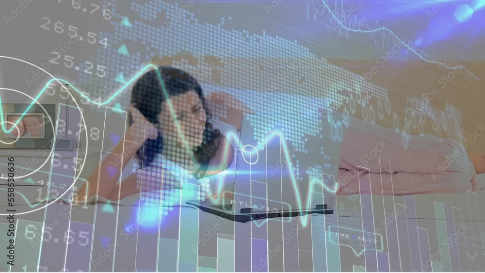 Poster animation of data processing over caucasian woman lying and using laptop
