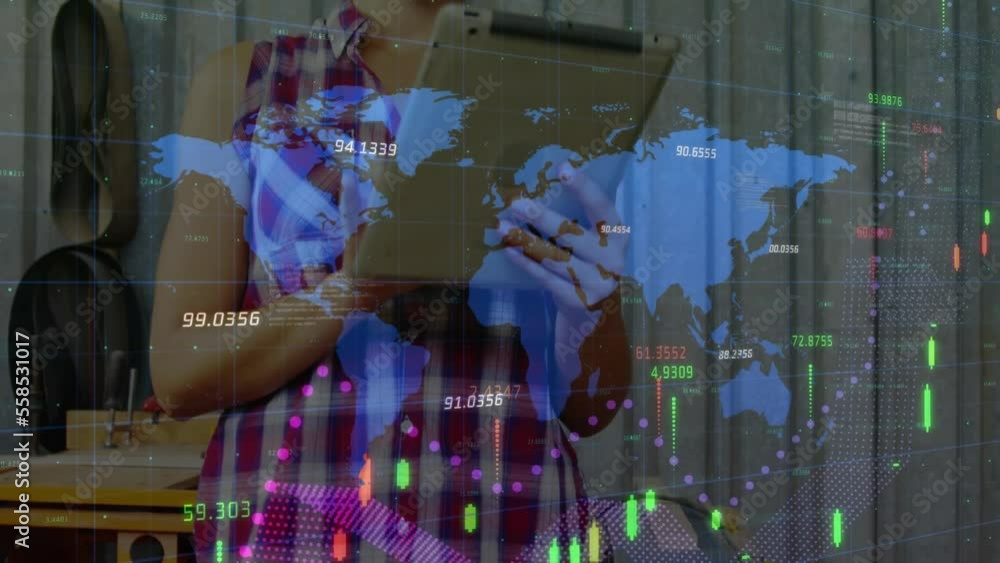 Poster animation of financial data processing and world map over caucasian woman using tablet