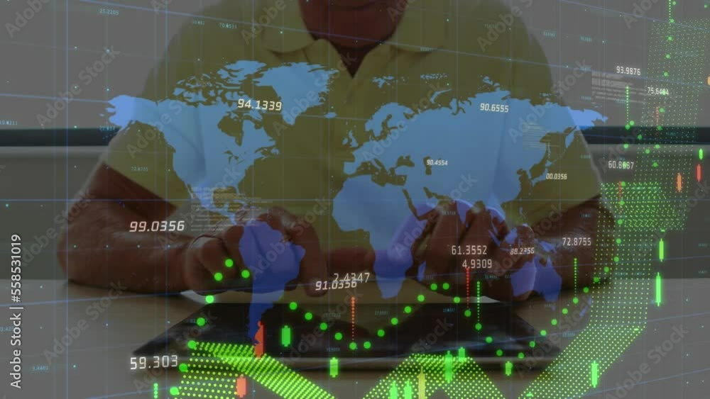 Aufkleber animation of financial data processing and world map over caucasian man using tablet