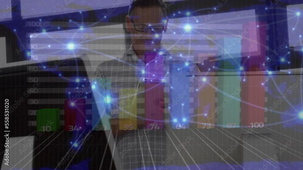 Poster animation of financial data processing and world map over caucasian man using tablet