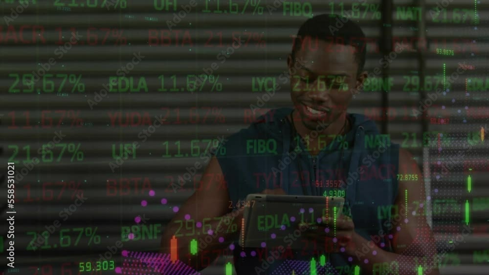 Poster animation of financial data processing and world map over african american man using tablet
