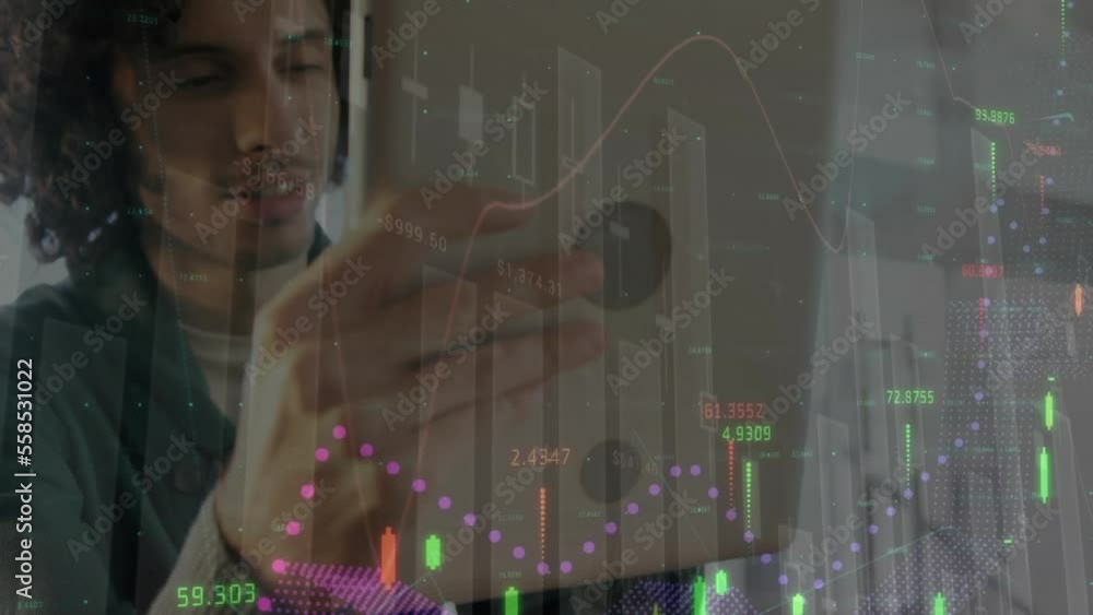 Aufkleber animation of financial data processing over biracial man using tablet