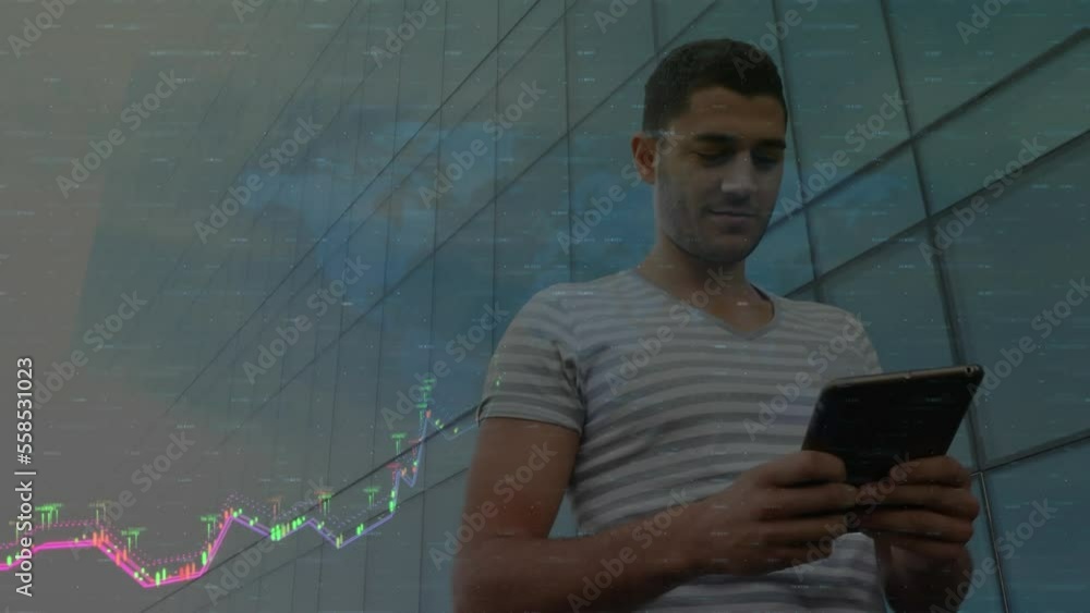 Poster animation of financial data processing and world map over biracial man using tablet