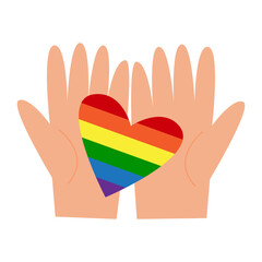 Gay rainbow heart in hands. LGBT valentines day. Romantic pride, queer equality and rights concept. Vector flat.