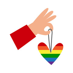Hands with gay rainbow love heart hanging. LGBT valentines day. Romantic pride, queer equality and rights concept. Vector flat.