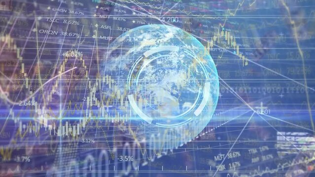 Animation of scope scanning over financial data processing over globe and dollars
