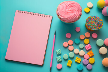 a view from above of a pink desk covered in sugary, delicious sweets and a copybook. Generative AI