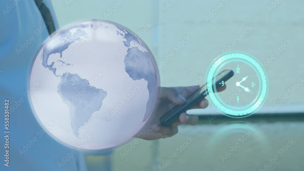 Poster animation of globe and clock over businessman using smartphone