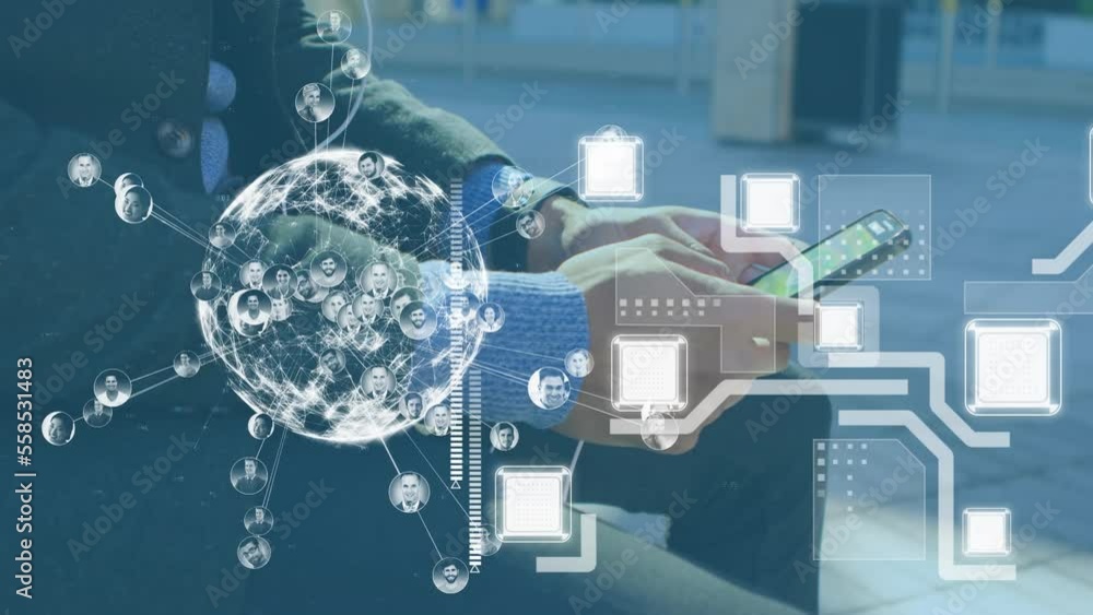 Poster animation of network of connections with icons over businessman using smartphone