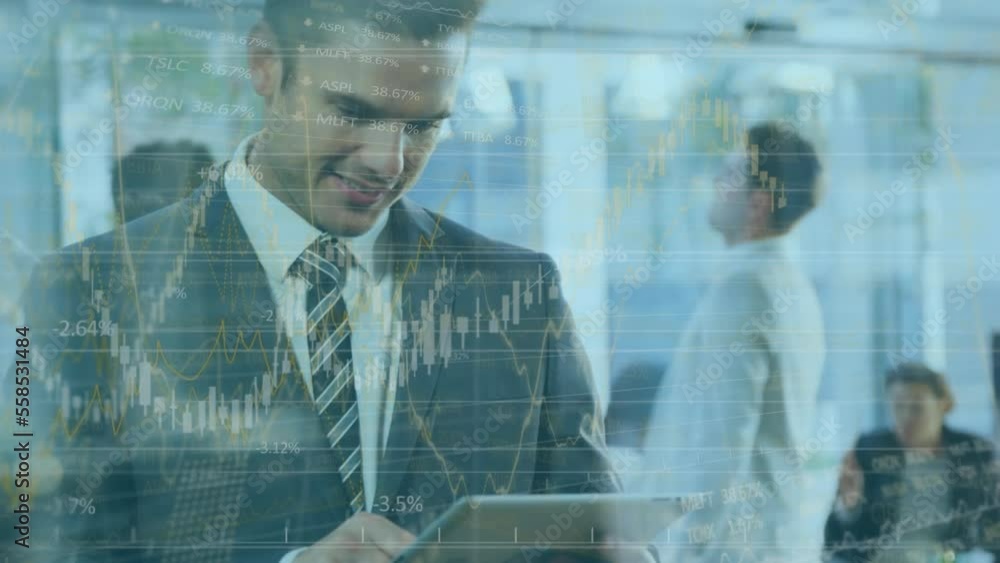 Poster animation of financial data processing over businessman using tablet
