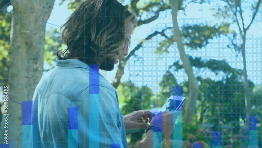 Poster animation of financial data processing over man using smartphone