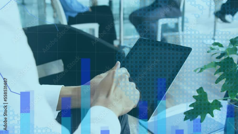 Aufkleber animation of financial data processing over businessman using tablet