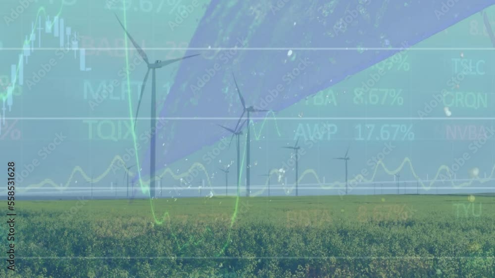 Poster animation of trading board and graphs over rotating windmills on green fields