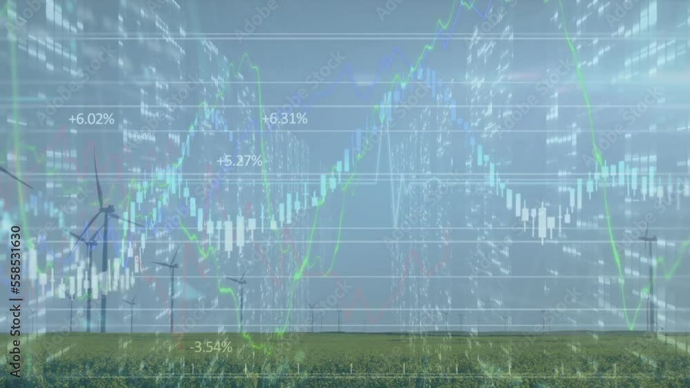 Aufkleber animation of graphs and numbers over rotating windmills on green field against clear sky