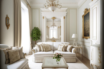 The living room's lavish, pricey interior design is done in a dated Baroque aesthetic and features beige tones. Generative AI