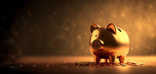 Gold piggy bank on gold background made with Generative AI