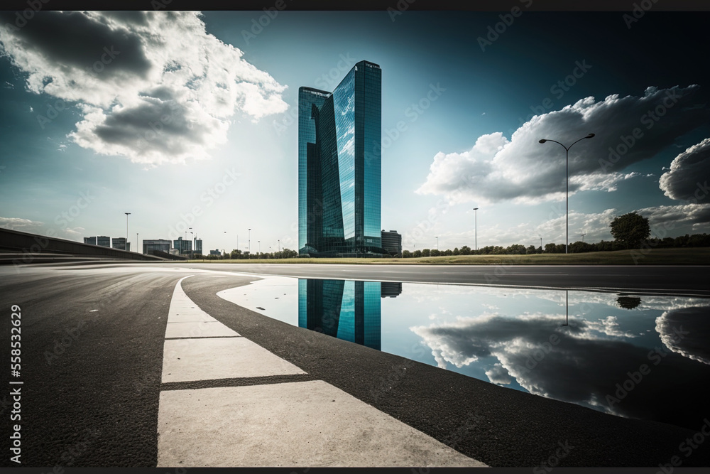 Poster platform made of asphalt and a glass skyscraper with a sky cloud backdrop. generative ai
