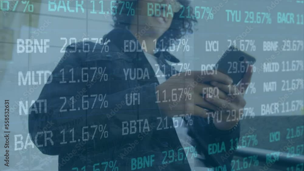 Poster animation of financial data processing over caucasian man using smartphone