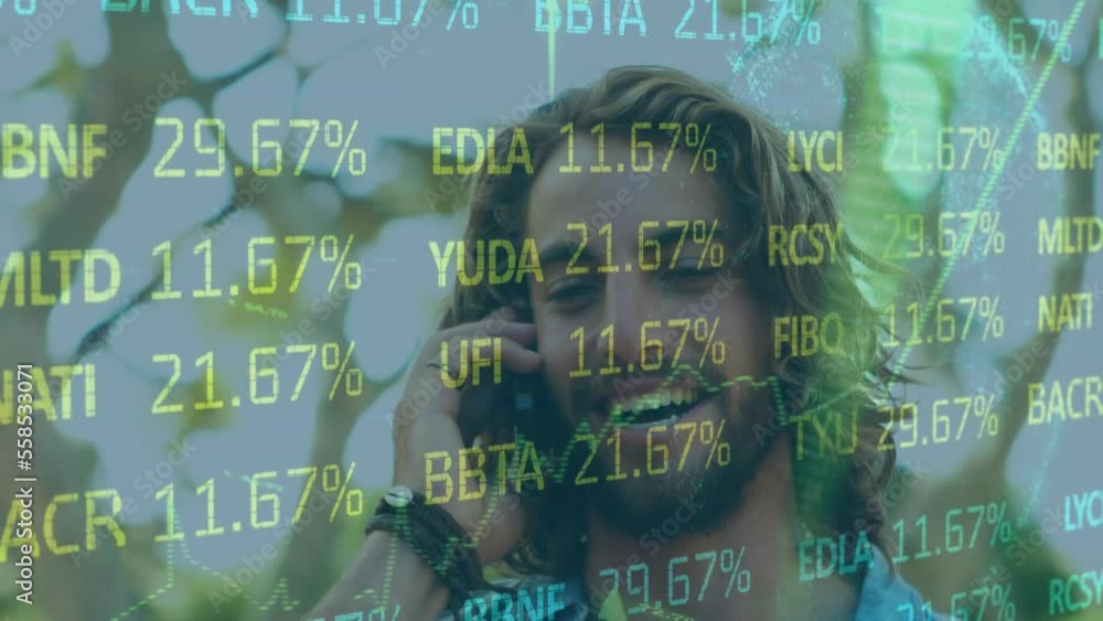 Aufkleber animation of financial data processing over caucasian man using smartphone
