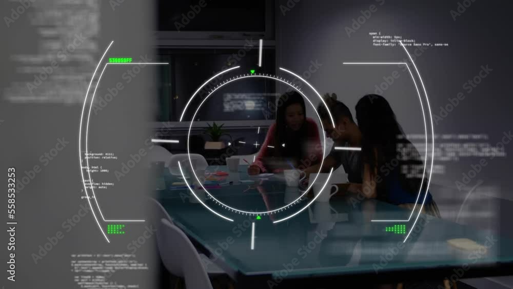 Aufkleber animation of scope and data processing over diverse business people in office