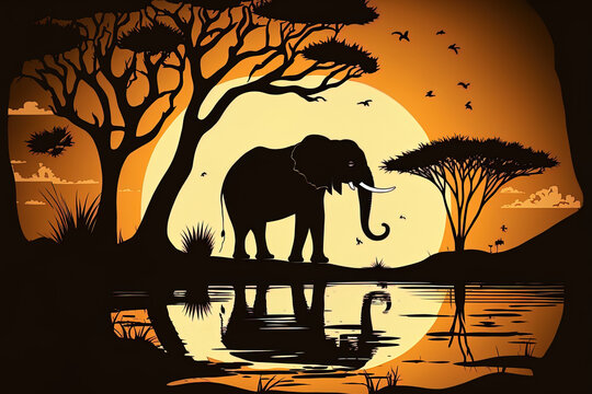 sketch of a landscape, a scene, a sunset, a moonlit night, or wallpapers sketch of organic abstract art, backdrop with silhouettes A springtime elephant standing at a watering hole. Generative AI