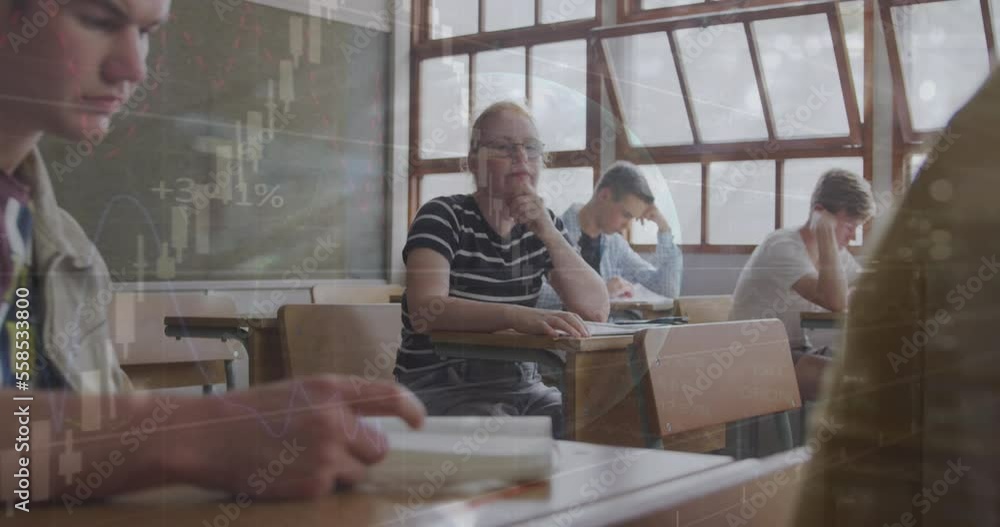 Aufkleber animation of financial data processing and globe over diverse schoolchildren in class