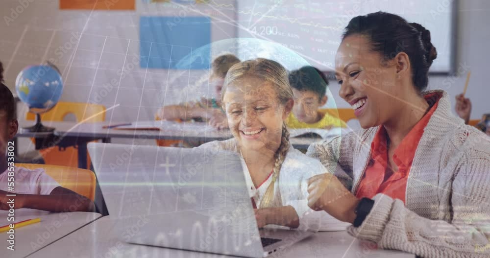 Aufkleber animation of financial data processing and globe over diverse schoolchildren in class