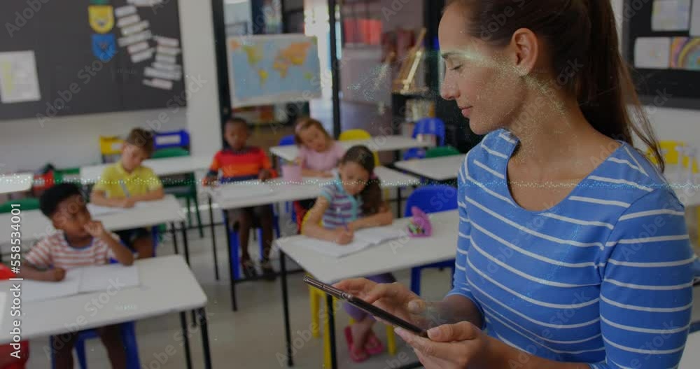 Poster animation of data processing and globe over diverse schoolchildren in class