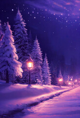beautiful winter landscape with snow and pine trees, landscape illustration with christmas theme
