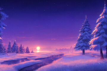 christmas landscape illustration, beautiful winter scenery with christmas trees and snow