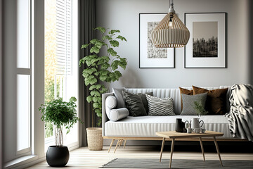 Modern living room decor includes a stylish interior with a modular sofa design, furniture, wooden coffee table, rattan accents, a pendant light, a pillow, dried flowers, and attractive accessories