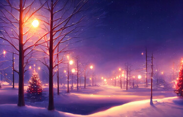 christmas landscape illustration, beautiful winter scenery with christmas trees and snow