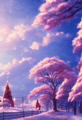christmas landscape illustration, beautiful winter scenery with christmas trees and snow