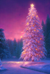 ILLUSTRATION OF BEAUTIFUL CHRISTMAS TREE DECORATED WITH LIGHTS AND GIFTS, PINE TREE CHRISTMAS