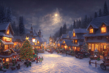 A beautiful outdoor Christmas scene. illustration of a Christmas house with snow, winter landscape in a village.