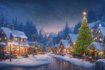 A beautiful outdoor Christmas scene. illustration of a Christmas house with snow, winter landscape in a village.