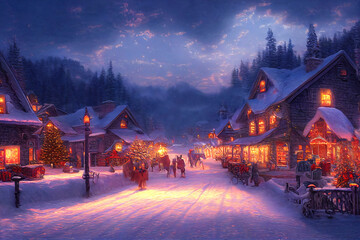 Fototapeta premium A beautiful outdoor Christmas scene. illustration of a Christmas house with snow, winter landscape in a village.