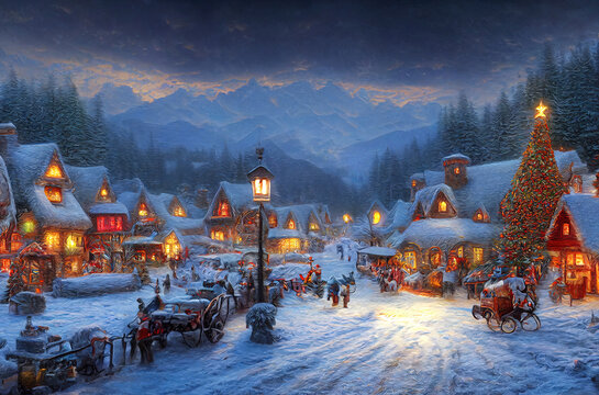 A beautiful Christmas village in the mountains. Winter landscape. houses with christmas decorations