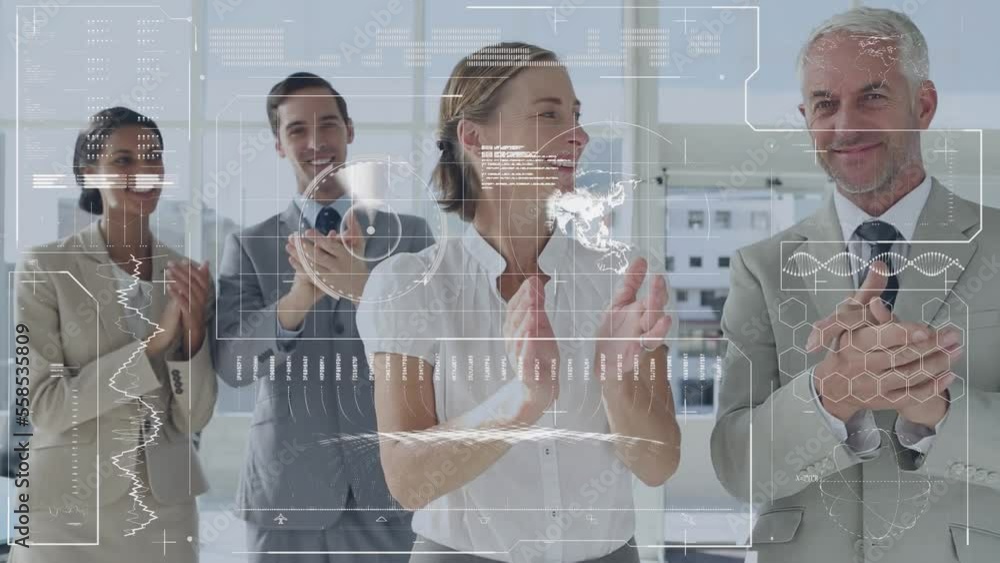 Poster animation of financial data processing over diverse business people clapping in office
