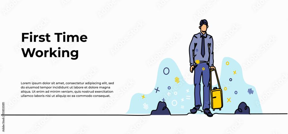 Poster businessman web banner. vector illustration of a man standing alone holding a document. modern flat 