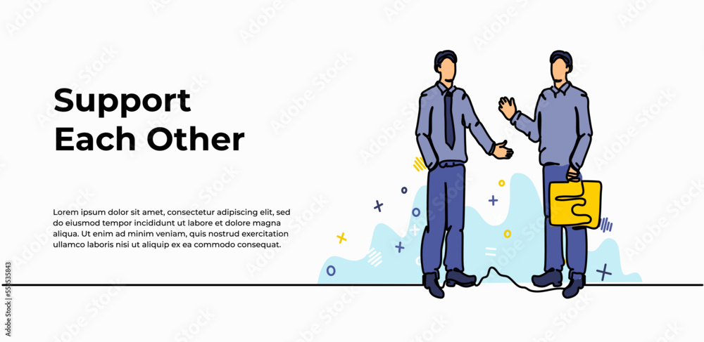Poster businessman web banner. vector illustration of two men standing discussing together. modern flat in 