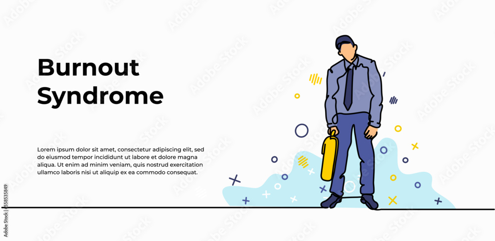 Poster burnout syndrome web banner. vector illustration of a man exhausted at work. modern flat in continuo