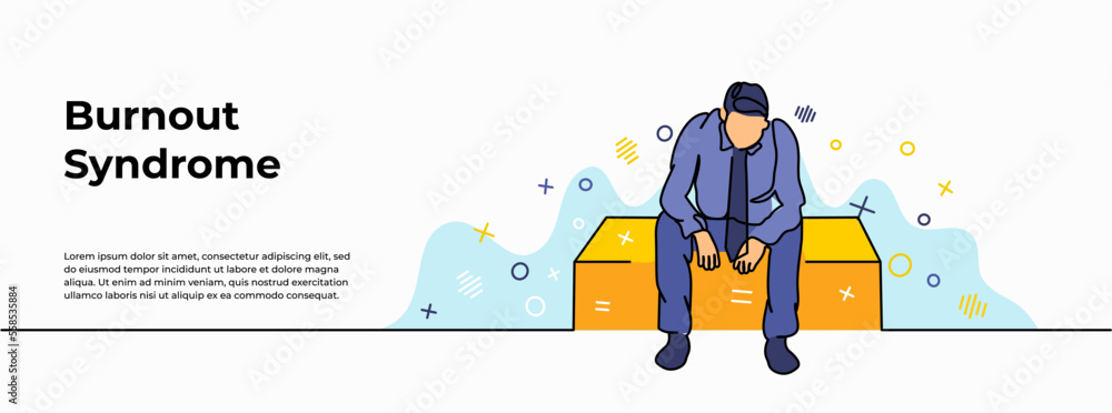 Poster burnout syndrome web banner. vector illustration of a man sitting alone because tired work and lonel